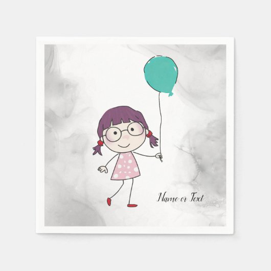 Serviette En Papier Aquarelle mignonne Bâton fille Balloon Turquoise É (Devant)