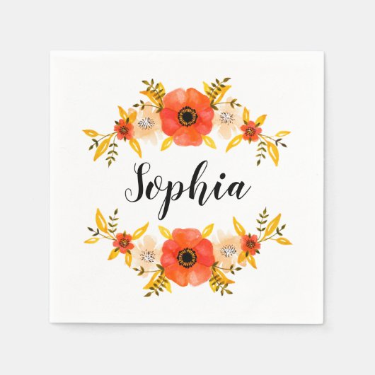 Serviette En Papier Aquarelle mignonne Coral Floral Wreath Texte perso (Devant)