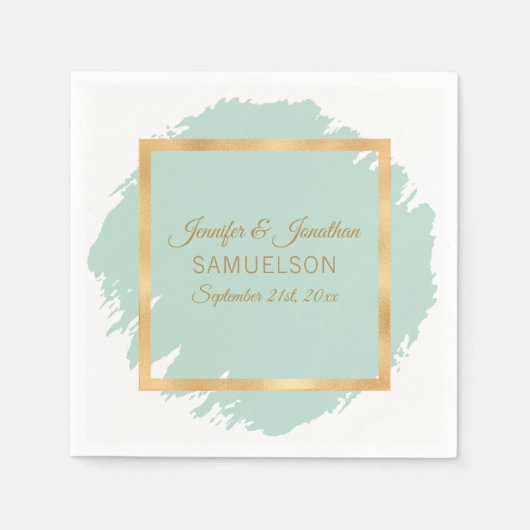 Serviette En Papier Aquarelle Mint Green Gold Frame Mariage (Devant)