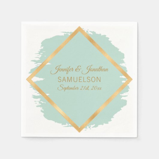 Serviette En Papier Aquarelle Mint Green Gold Frame Mariage (Devant)