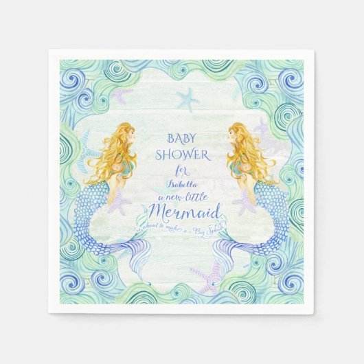 Serviette En Papier Aquarelle moderne Baby shower sirène Waves bois (Devant)