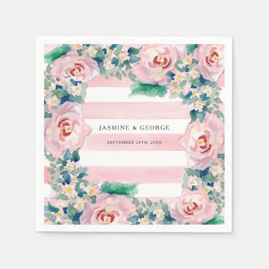 Serviette En Papier Aquarelle MODERNE Chic Large Stripes avec Rose (Devant)