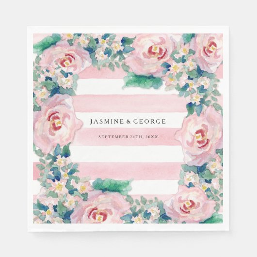 Serviette En Papier Aquarelle MODERNE Chic Large Stripes avec Rose (Devant)