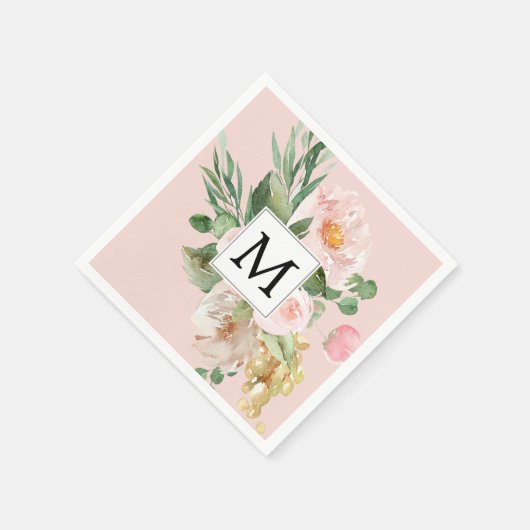 Serviette En Papier Aquarelle moderne Fleurs roses Monogrammes (Coin)