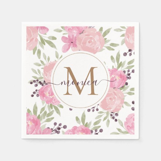 Serviette En Papier Aquarelle moderne Floral Or Monogramme Nom Napkin (Devant)