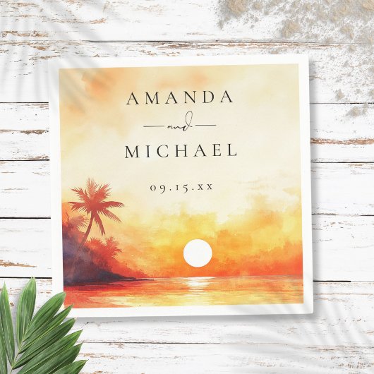 Serviette En Papier Aquarelle moderne Tropical Beach Sunset Mariage