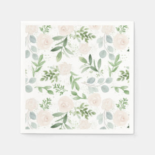 Serviette En Papier Aquarelle Motif de verdure et de fleurs blanches