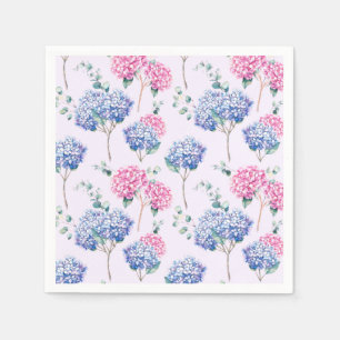 Serviette En Papier Aquarelle Motif Floral aux Hortensias Bleus et Ros