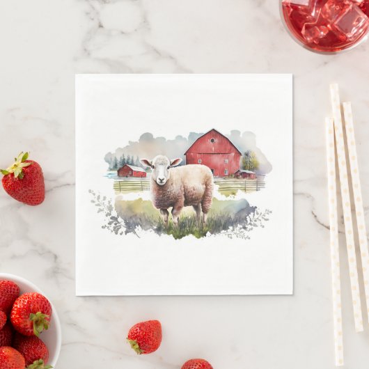 Serviette En Papier Aquarelle Mouton Avec Grange Rouge (En situation)