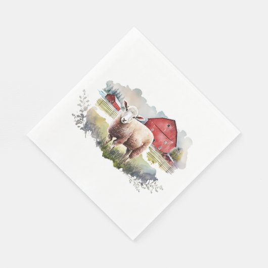 Serviette En Papier Aquarelle Mouton Avec Grange Rouge (Coin)