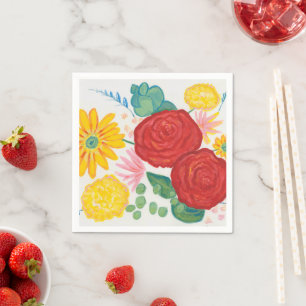 Serviette En Papier Aquarelle Nature Rouge Rose Jaune Daisy Floral