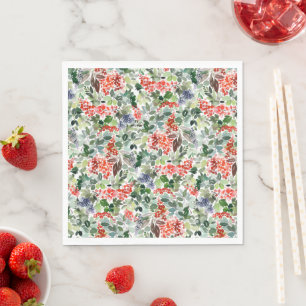 Serviette En Papier Aquarelle Noël Berries rouges Vacances vertes