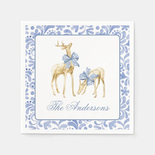 Serviette En Papier Aquarelle Noël bleu Chinoiserie Bow Reindeer (Devant)