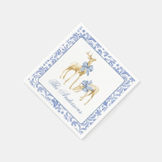 Serviette En Papier Aquarelle Noël bleu Chinoiserie Bow Reindeer (Coin)