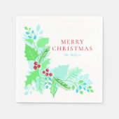 Serviette En Papier Aquarelle Noël Bleu Vert et Rouge Botanique (Devant)