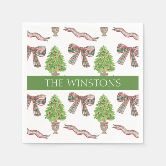 Serviette En Papier Aquarelle Noël Plaid Bow & Topiary (Devant)
