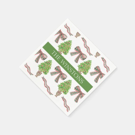 Serviette En Papier Aquarelle Noël Plaid Bow & Topiary (Coin)