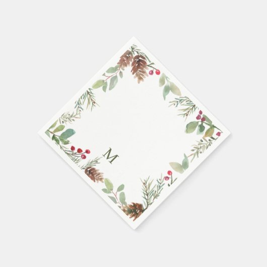Serviette En Papier Aquarelle Noël Verdure Monogramme (Coin)