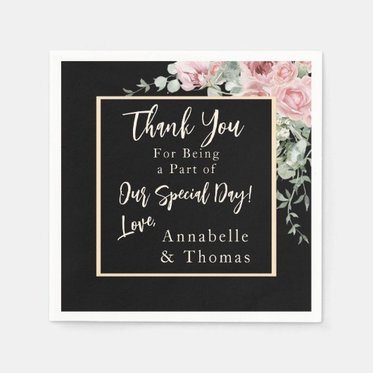 Serviette En Papier Aquarelle noire rose Mariage (Devant)