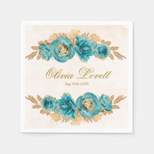 Serviette En Papier Aquarelle or crème turquoise Fête des mariées flor