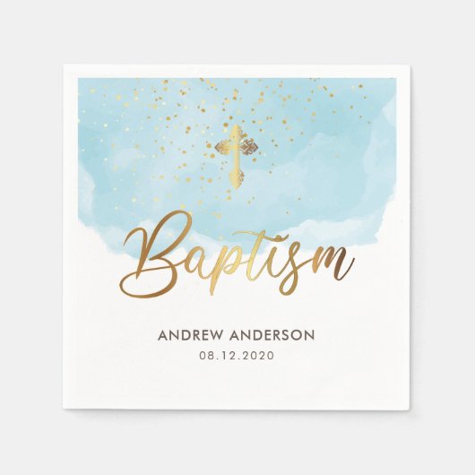 Serviette En Papier Aquarelle Or Et Bleu Baptême Garçon (Devant)