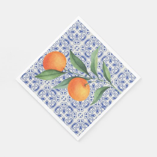 Serviette En Papier Aquarelle Orange Bleu Mariage méditerranéen (Coin)