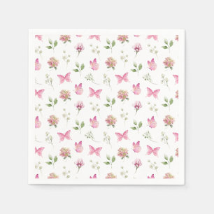 Serviette En Papier Aquarelle Papillon floral rose Baby shower blanc