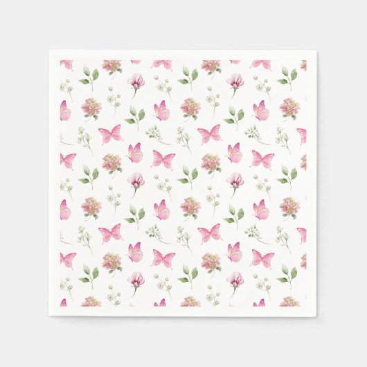 Serviette En Papier Aquarelle Papillon floral rose Baby shower blanc (Devant)