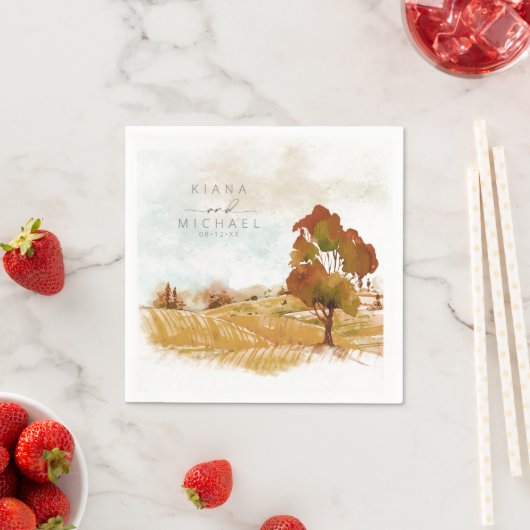 Serviette En Papier Aquarelle Paysage Mariage Automne Gold ID786 (En situation)