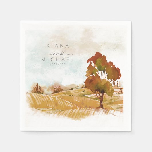 Serviette En Papier Aquarelle Paysage Mariage Automne Gold ID786 (Devant)