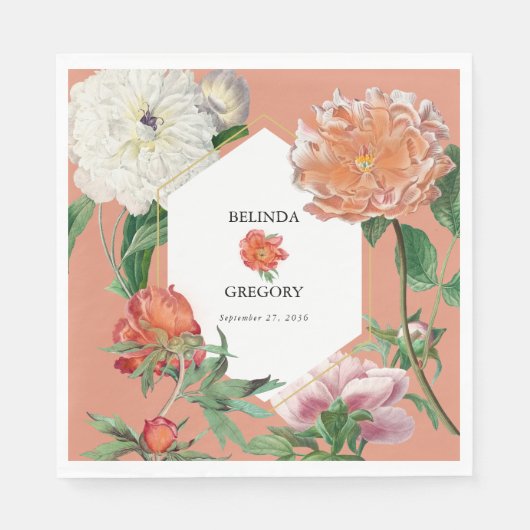 Serviette En Papier Aquarelle Peach Pink Peonies Mariage (Devant)