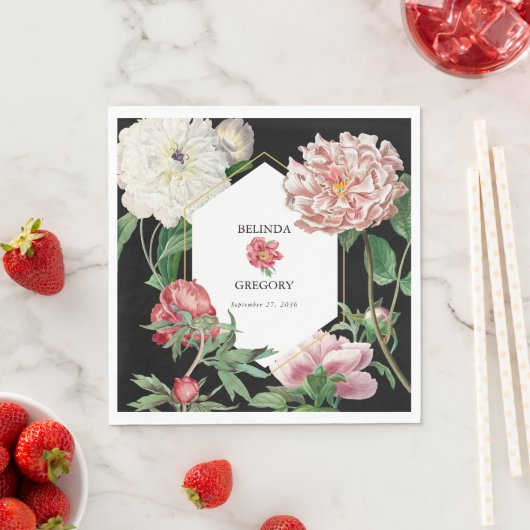 Serviette En Papier Aquarelle Peonies rose Fleurs Mariage Noir (En situation)