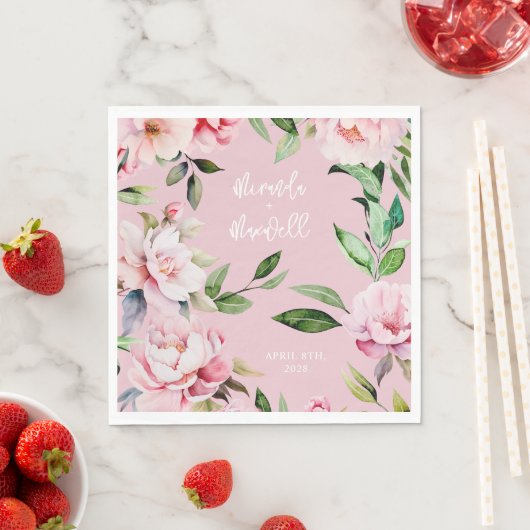 Serviette En Papier Aquarelle Peony Magnolia Mariage rose (En situation)