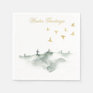 Serviette En Papier Aquarelle Pins et oiseaux Hiver