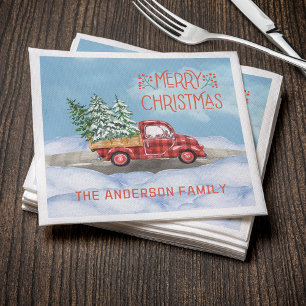 Serviette En Papier Aquarelle Plaid Camion Rouge Neige Joyeux Noël