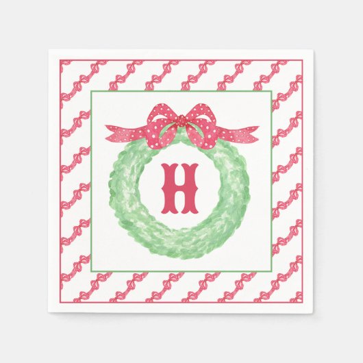 Serviette En Papier Aquarelle Polka Rouge Pot Bow Monogramme Wreath (Devant)