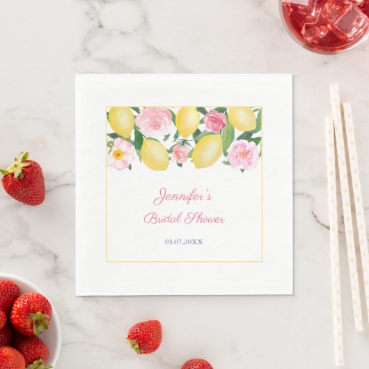 Serviette En Papier Aquarelle Positano Citrons Fleurs roses Bleu Blanc (En situation)