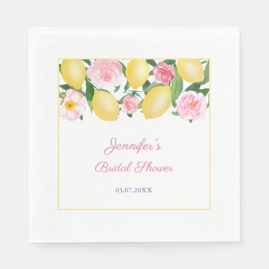 Serviette En Papier Aquarelle Positano Citrons Fleurs roses Bleu Blanc (Devant)