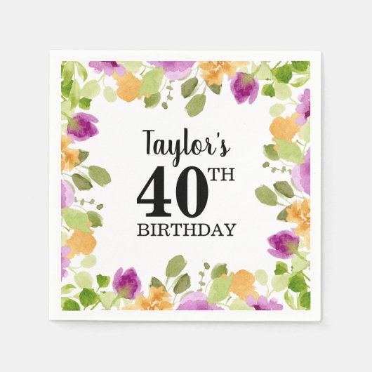Serviette En Papier Aquarelle pourpre fleurit Floral Anniversaire (Devant)