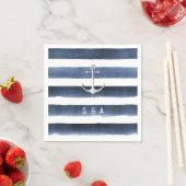 Serviette En Papier Aquarelle rayures marine avec ancre mariage plage (En situation)