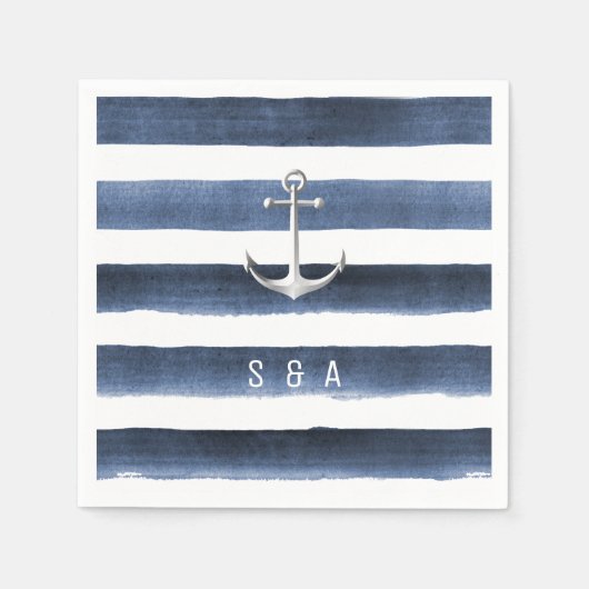 Serviette En Papier Aquarelle rayures marine avec ancre mariage plage (Devant)