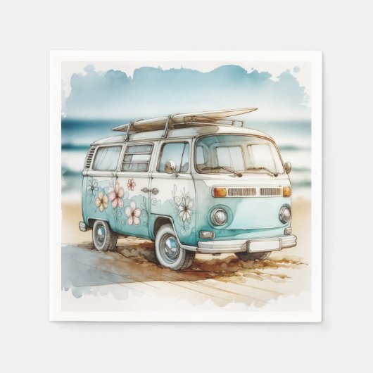 Serviette En Papier Aquarelle Retro Campervan Avec Surf (Devant)