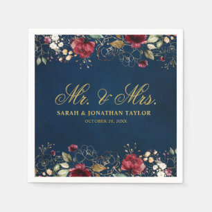 Serviette En Papier Aquarelle romantique Bourgogne Rouge Marine Floral