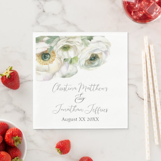 Serviette En Papier Aquarelle romantique Ranunculus blanc (En situation)