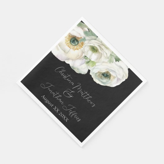 Serviette En Papier Aquarelle romantique Ranunculus blanc sur noir (Coin)