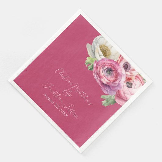Serviette En Papier Aquarelle romantique Ranunculus rose sur Blush (Coin)