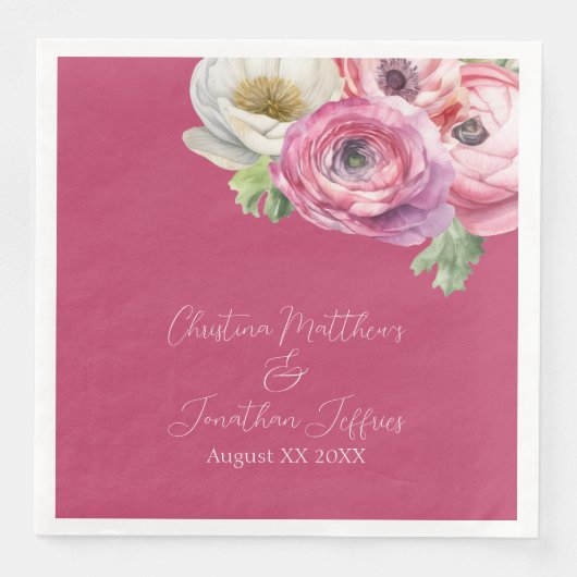 Serviette En Papier Aquarelle romantique Ranunculus rose sur fond rose (Devant)