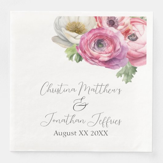 Serviette En Papier Aquarelle romantique Renoncules roses et blanches (Devant)