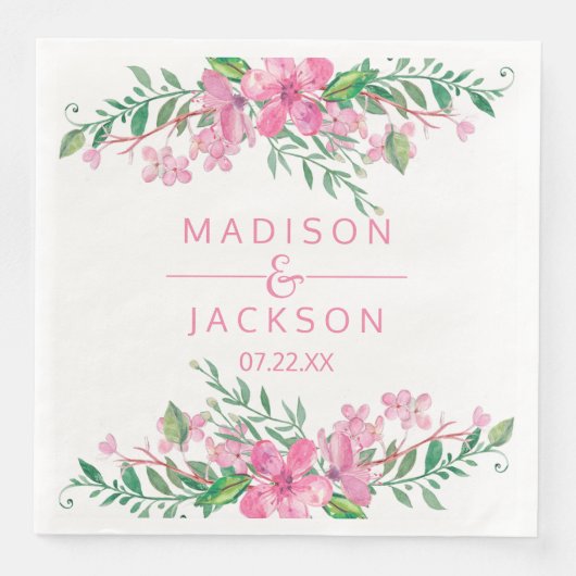 Serviette En Papier Aquarelle rose Amour Blossoms Mariage Monogramme (Devant)