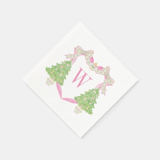 Serviette En Papier Aquarelle rose Arbre de Noël Monogramme Crest (Coin)